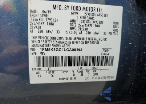 2020 Ford Explorer St z USA, uszkodzony, nr VIN 1FM5K8GC1LGA08193